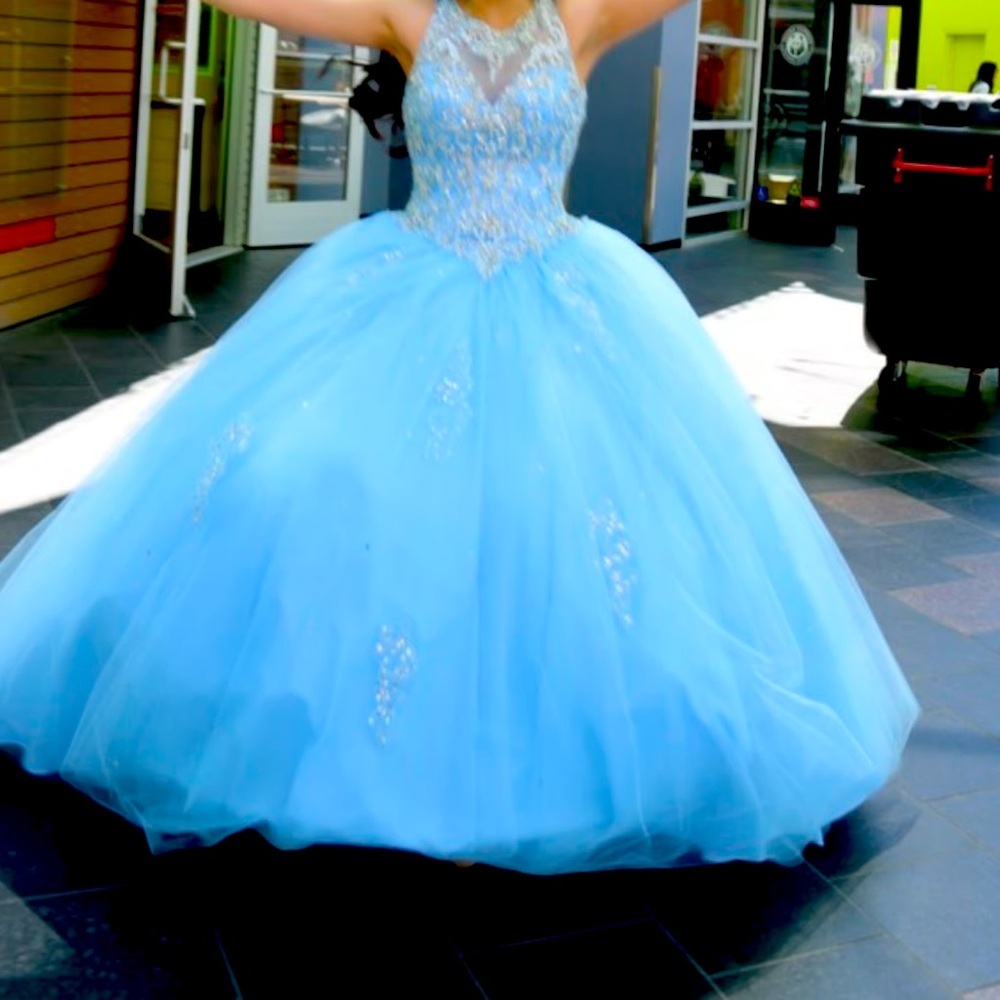 Morilee Quinceañera Gown Womens Size 8 Blue Beaded Ball Dress Open Back Tulle